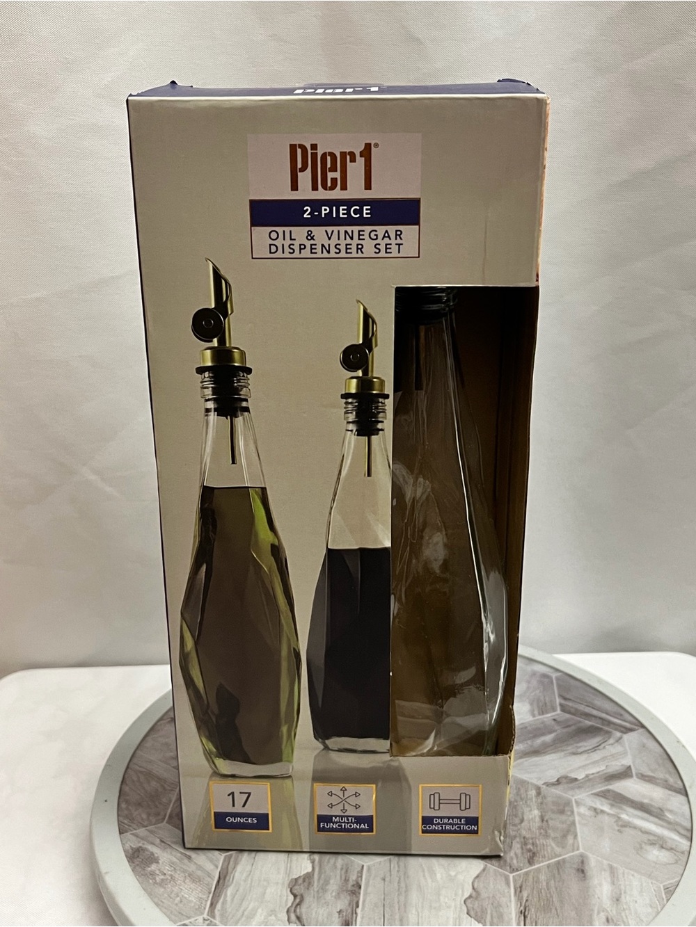 Pier 1 Oil & Vinegar Dispenser Set 2 Glass Bottles 17 Oz New In Box